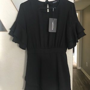 black frill sleeve tie back playsuit